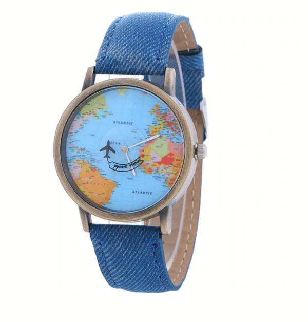 Ceas World bleu cu avion pe acul de ceas
