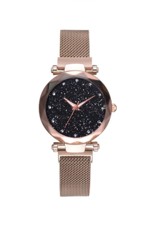 Ceas Shinny cu bratara magnetica aurie si cadran cu sclipici negru
