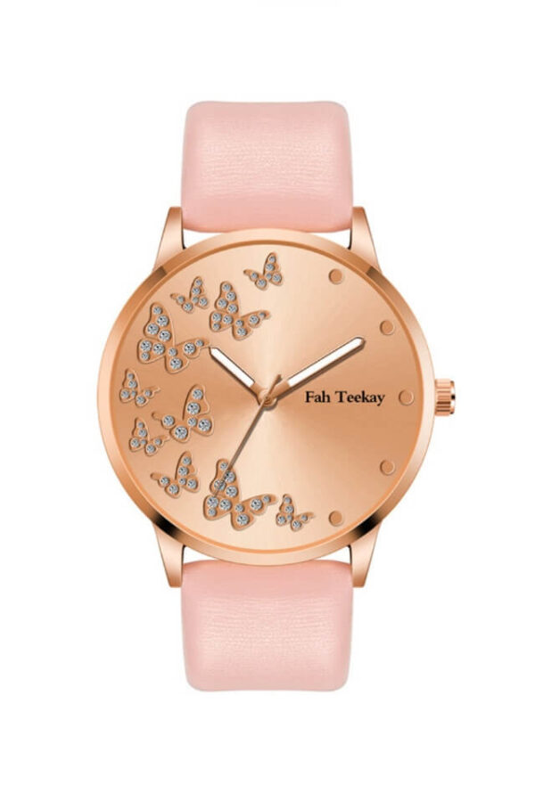 Ceas Shinny Butterfly cu bratara roz din piele ecologica si cadran cu fluturi