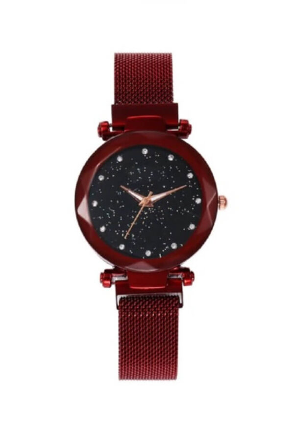 Ceas Shinny cu bratara magnetica rosie si cadran cu sclipici negru
