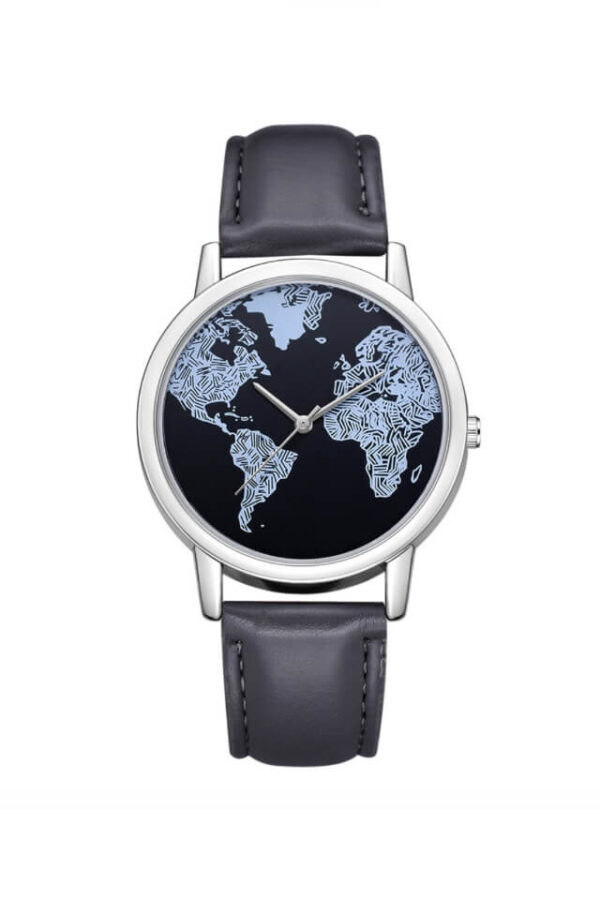 Ceas Around the World cu bratara din piele ecologica neagra