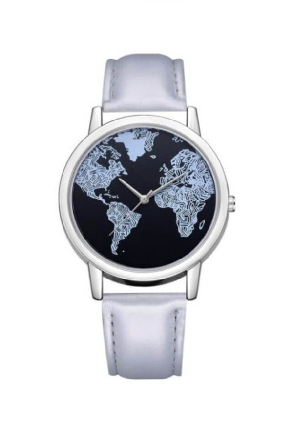 Ceas Around the World cu bratara din piele ecologica gri