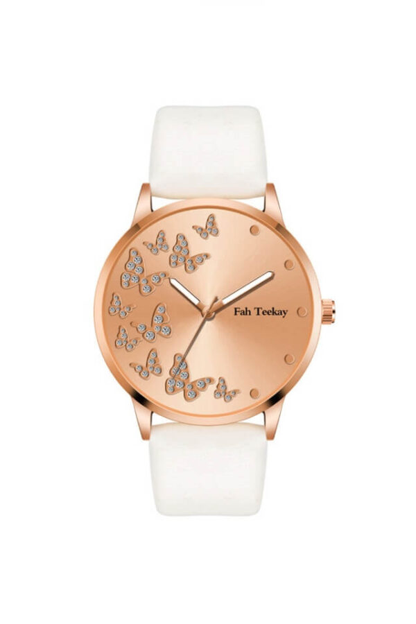 Ceas Shinny Butterfly cu bratara alba din piele ecologica si cadran cu fluturi