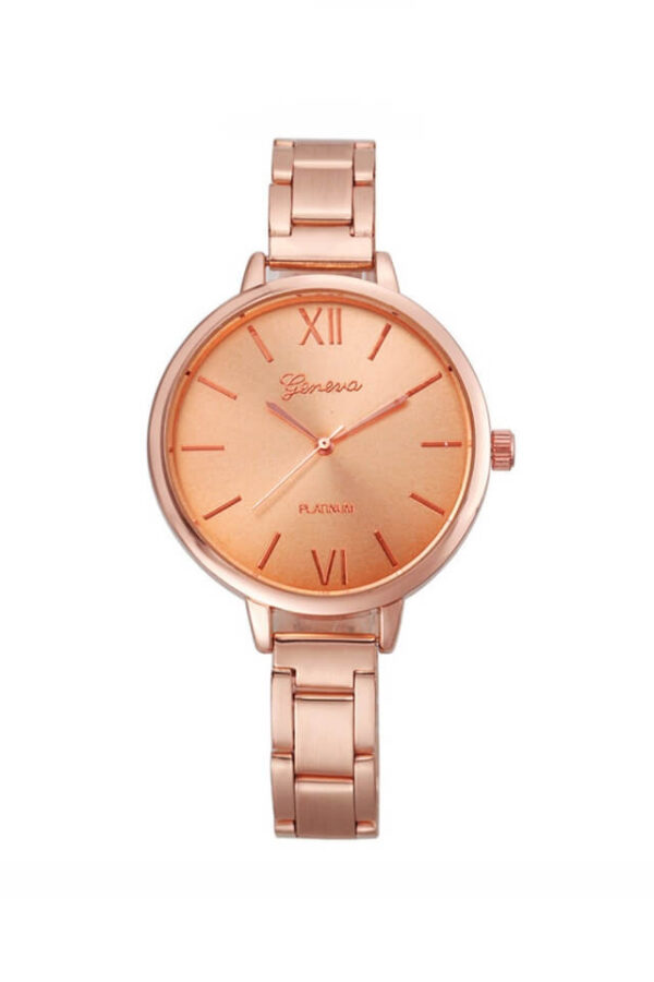 Ceas de dama Geneve, cadran auriu si curea metalica roze gold