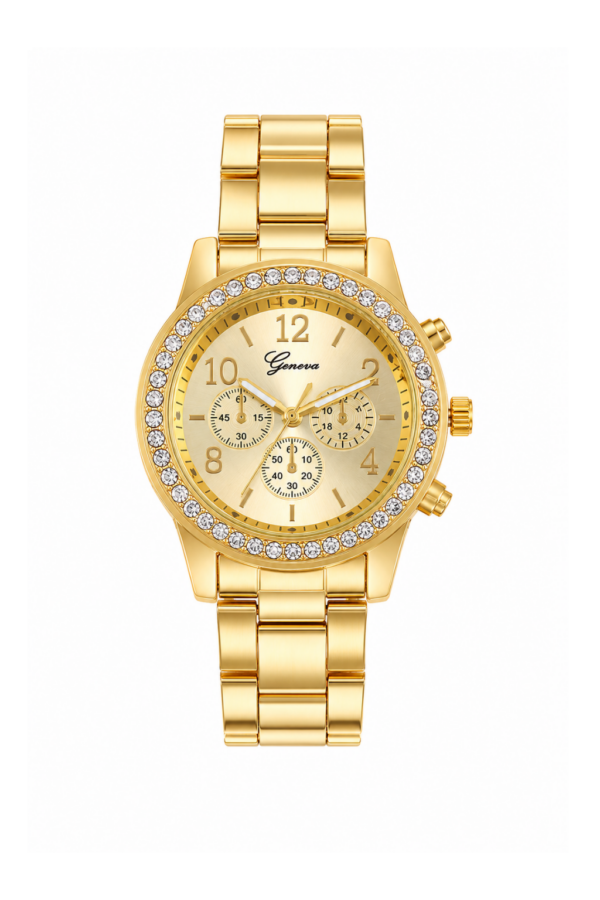 Ceas Geneve Crystal cadran auriu si curea metalica aurie