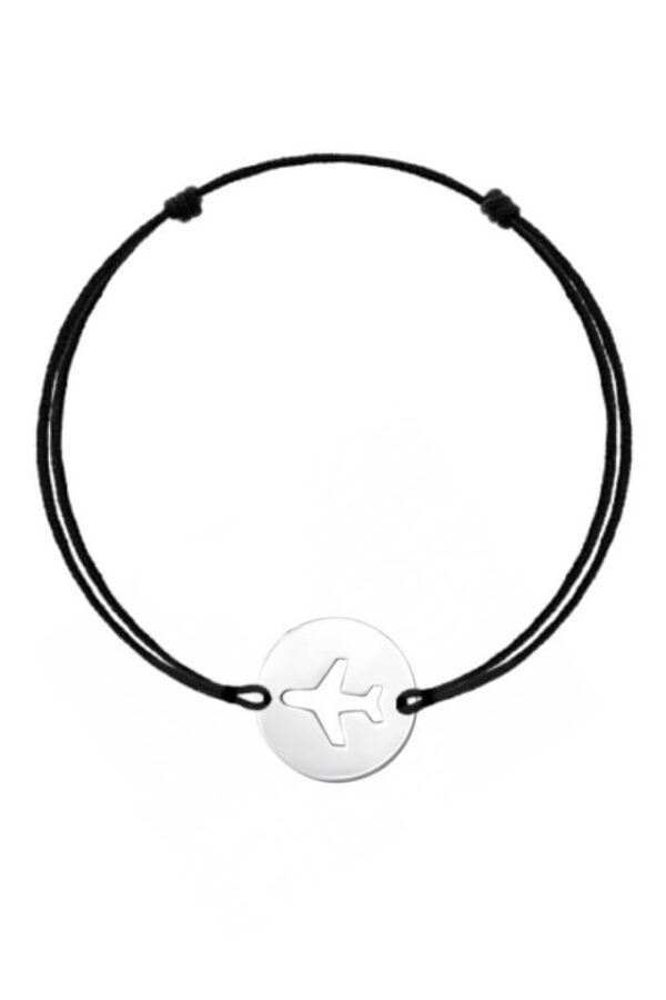 Bratara cu snur negru si pandantiv din argint 925 in forma de avion