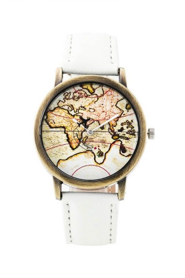 Ceas Map alb cu avion pe acul de ceas si cadran cu harta lumii