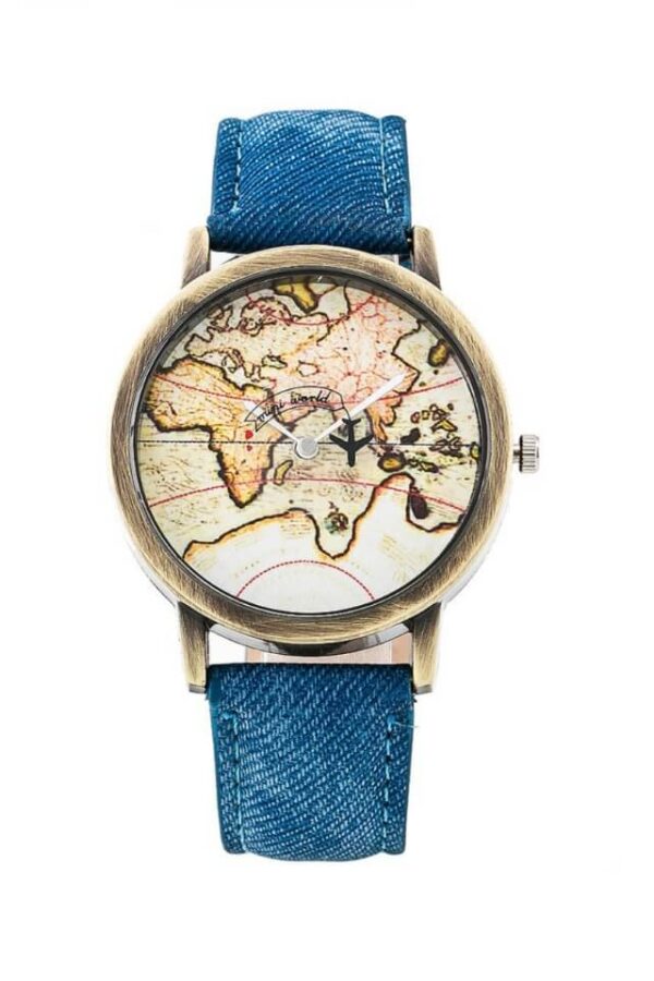 Ceas Map blue jeans cu avion pe acul de ceas si cadran cu harta lumii
