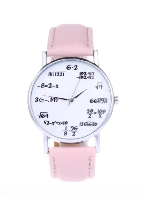Ceas Mathematics cu bratara roz din piele ecologica si cadran cu formule matematice