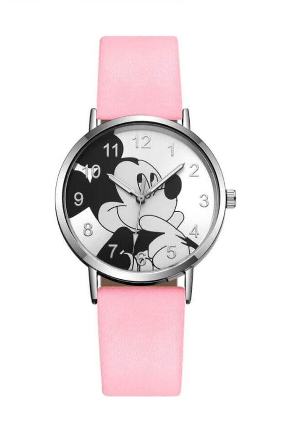 Ceas cu bratara roz din piele ecologica si cadran cu Mickey Mouse