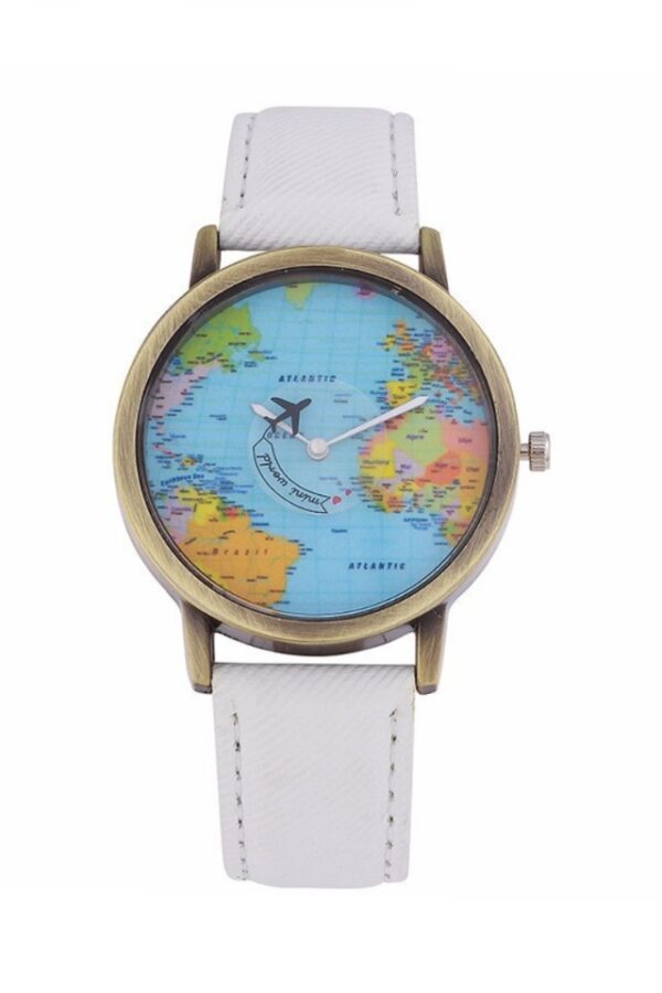 Ceas Mini World alb cu avion pe acul de ceas si cadran cu harta lumii