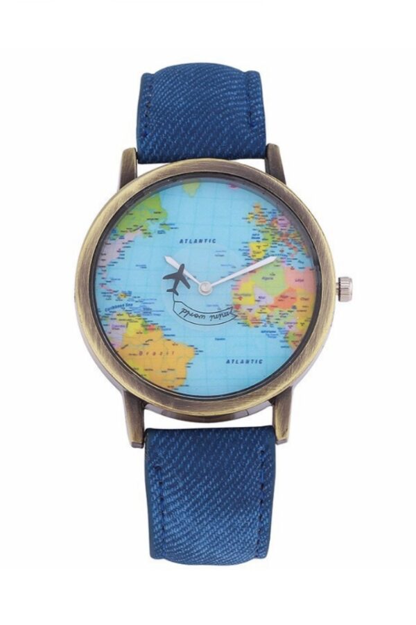 Ceas Mini World jeans cu avion pe acul de ceas si cadran cu harta lumii