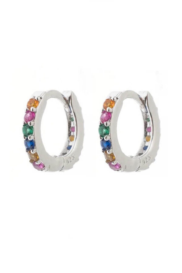 Cercei rotunzi din argint 925 Huggie Hoops argintii cu pietre de zirconiu colorate, diametru 1 cm