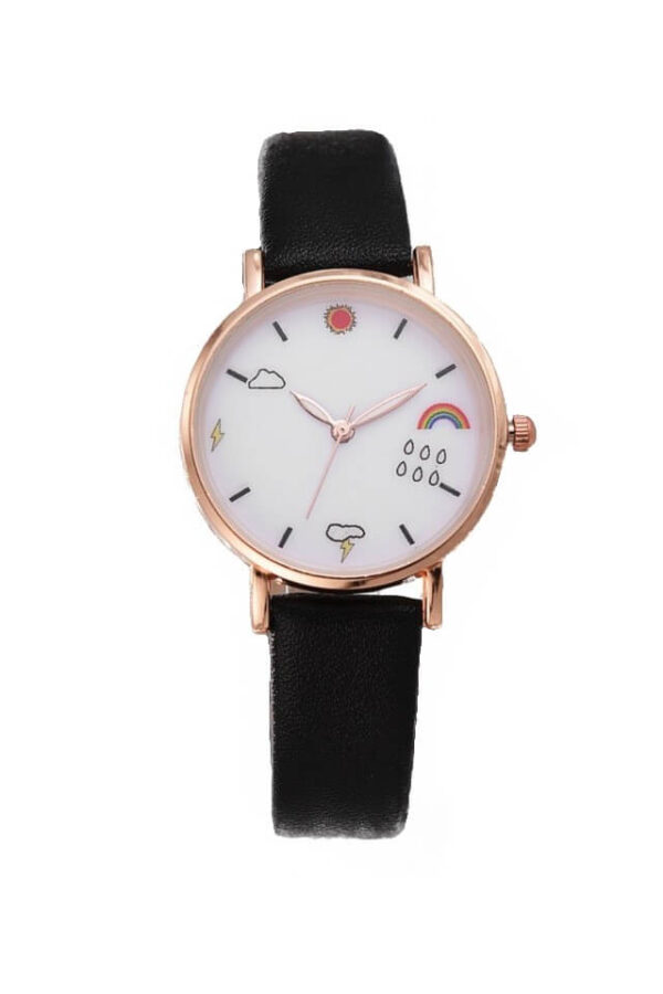 Ceas de dama Weather, curea neagra din piele ecologica si cadran alb cu fenomene meteo