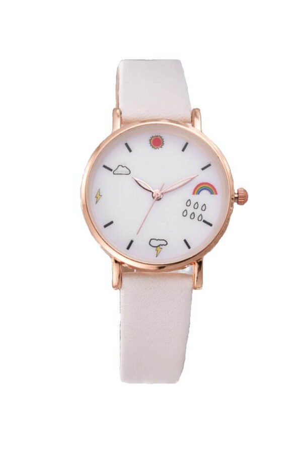 Ceas de dama Weather, curea alba din piele ecologica si cadran alb cu fenomene meteo