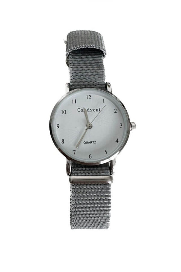 Ceas de dama Simple Strap, curea gri din material textil si cadran alb