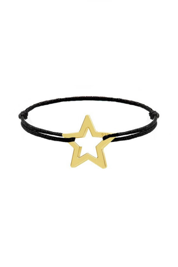 Inel cu snur negru si pandantiv din argint 925 in forma de stea decupata placata cu aur de 24k, masura ajustabila