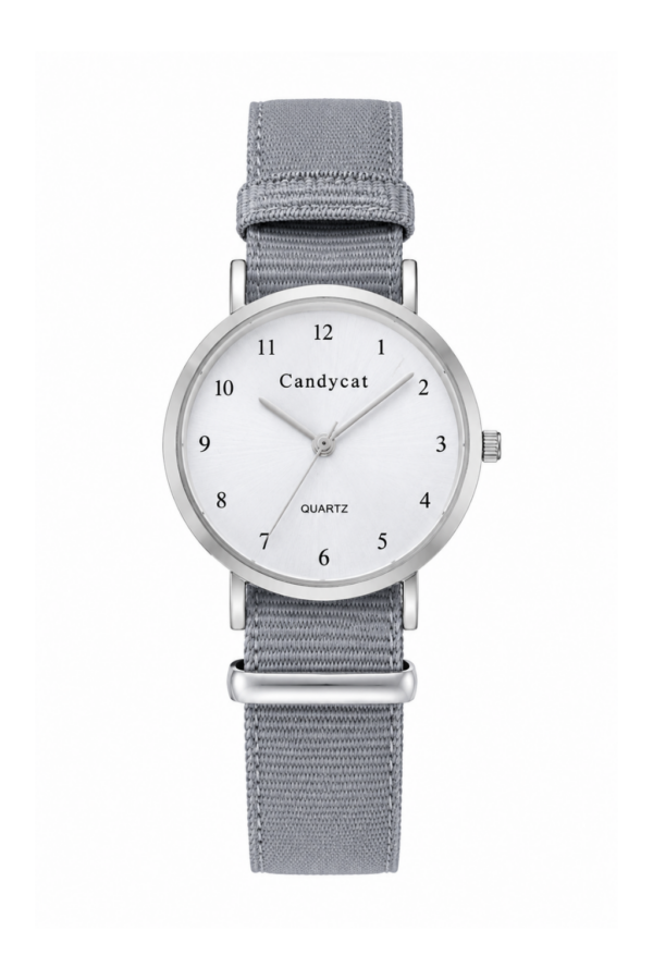 Ceas de dama Simple Strap, curea gri din material textil si cadran alb