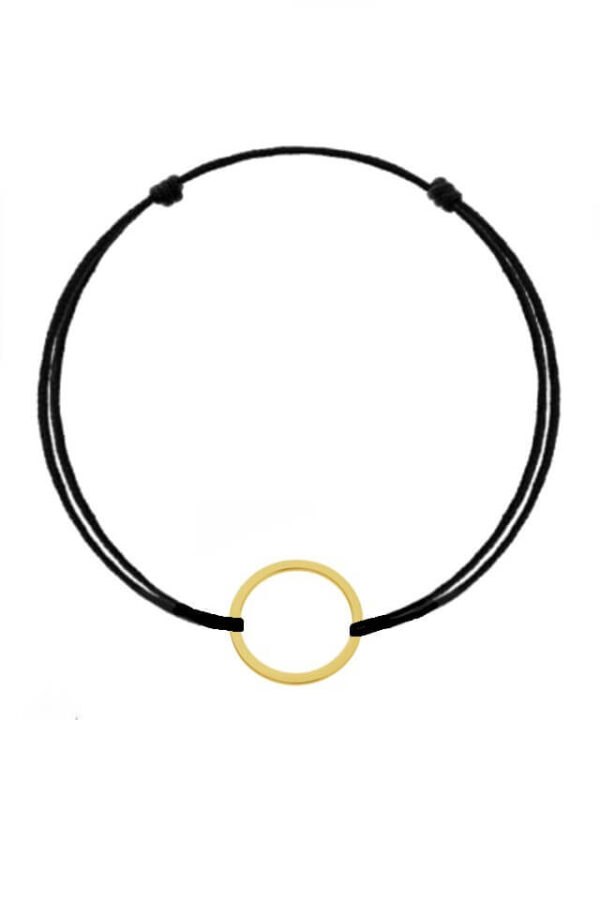 Bratara cu snur negru si pandantiv din argint 925 in forma de cerc placat cu Aur de 24k