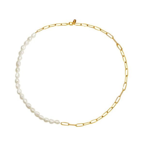 Colier la baza gatului Marguerite din perle naturale albe de 4-6 mm si lant cu zale din Argint 925 placat cu Aur 24k
