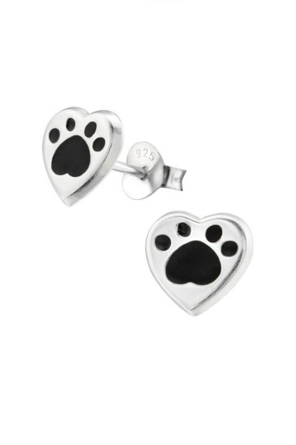 Cercei din argint 925 Black Paw Heart in forma de inima cu labuta neagra si cheita din argint