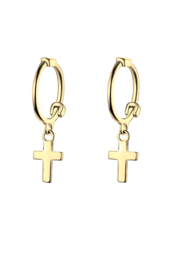 Cercei rotunzi din argint 925 Small Cross aurii cu pandantiv in forma de cruce