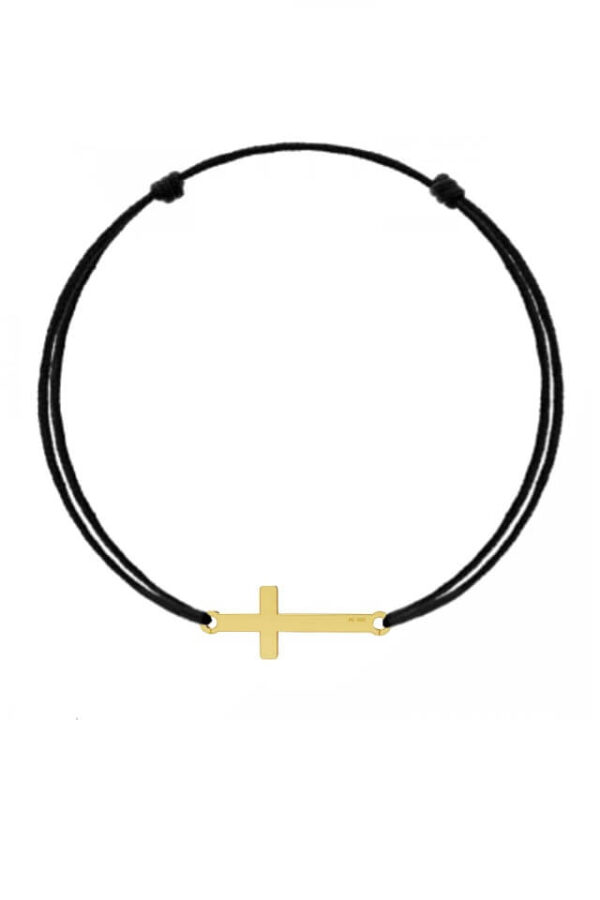 Bratara cu snur negru si pandantiv din argint 925 in forma de cruce placat cu aur 14k