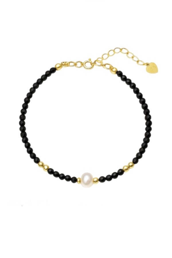 Bratara Single Pearl din Spinel negru de 2,5 mm cu perla naturala de cultura alba de 5 mm, masura ajustabila
