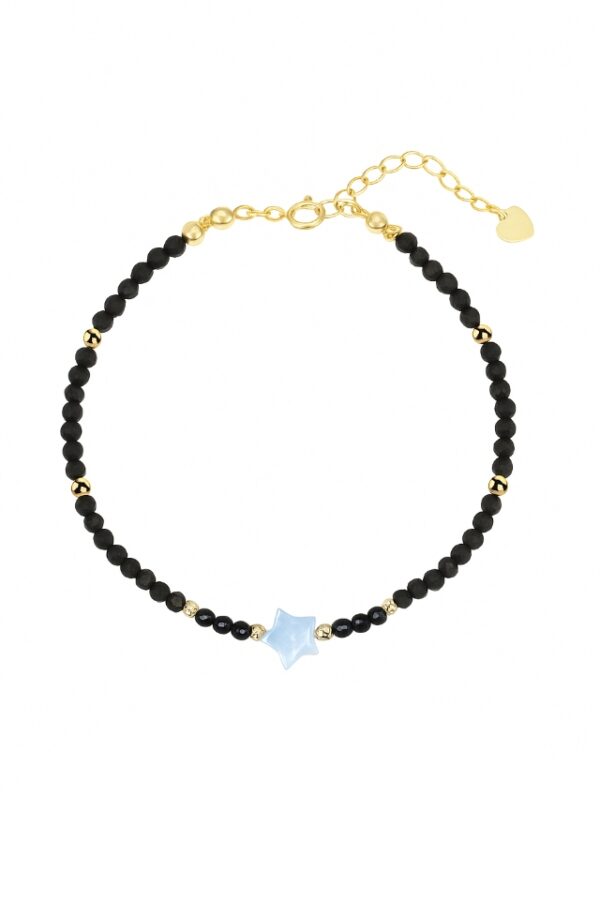 Bratara Star Pearl din Spinel negru de 2, 5 mm cu stea din sidef natural de 5 mm si accesorii din argint 925, masura ajustabila