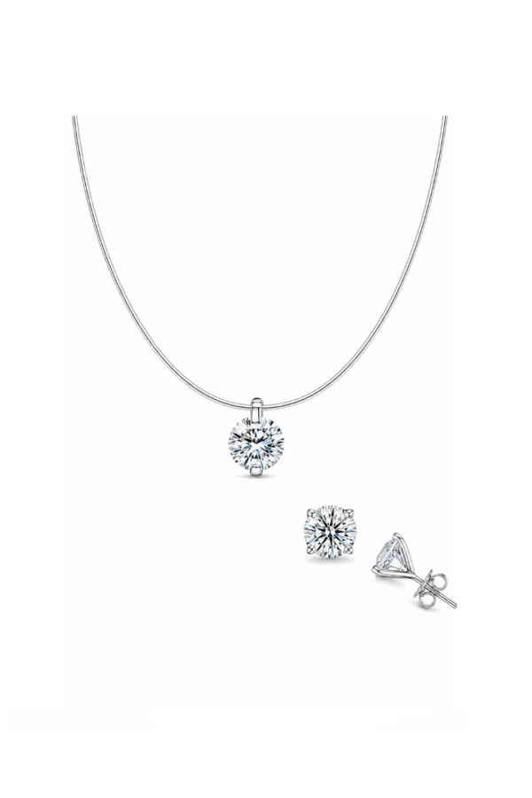 Set colier la baza gatului cu fir transparent de silicon si piatra rotunda de zirconiu cu accesorii din Argint 925 si cercei cu piatra rotunda si cheita din Argint