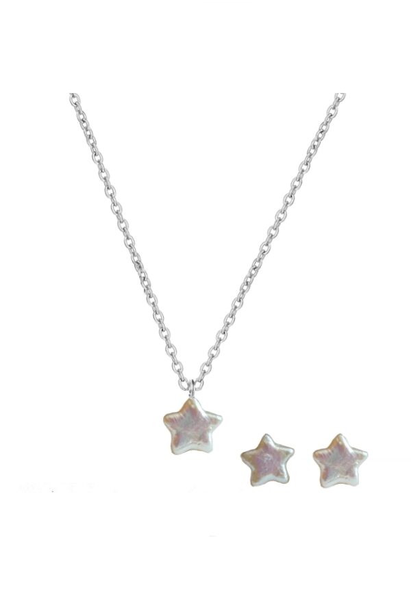 Set lant din Argint 925 cu perla naturala de cultura alba in forma de stea de 1,2 cm si cercei cu perle naturale in forma de stea